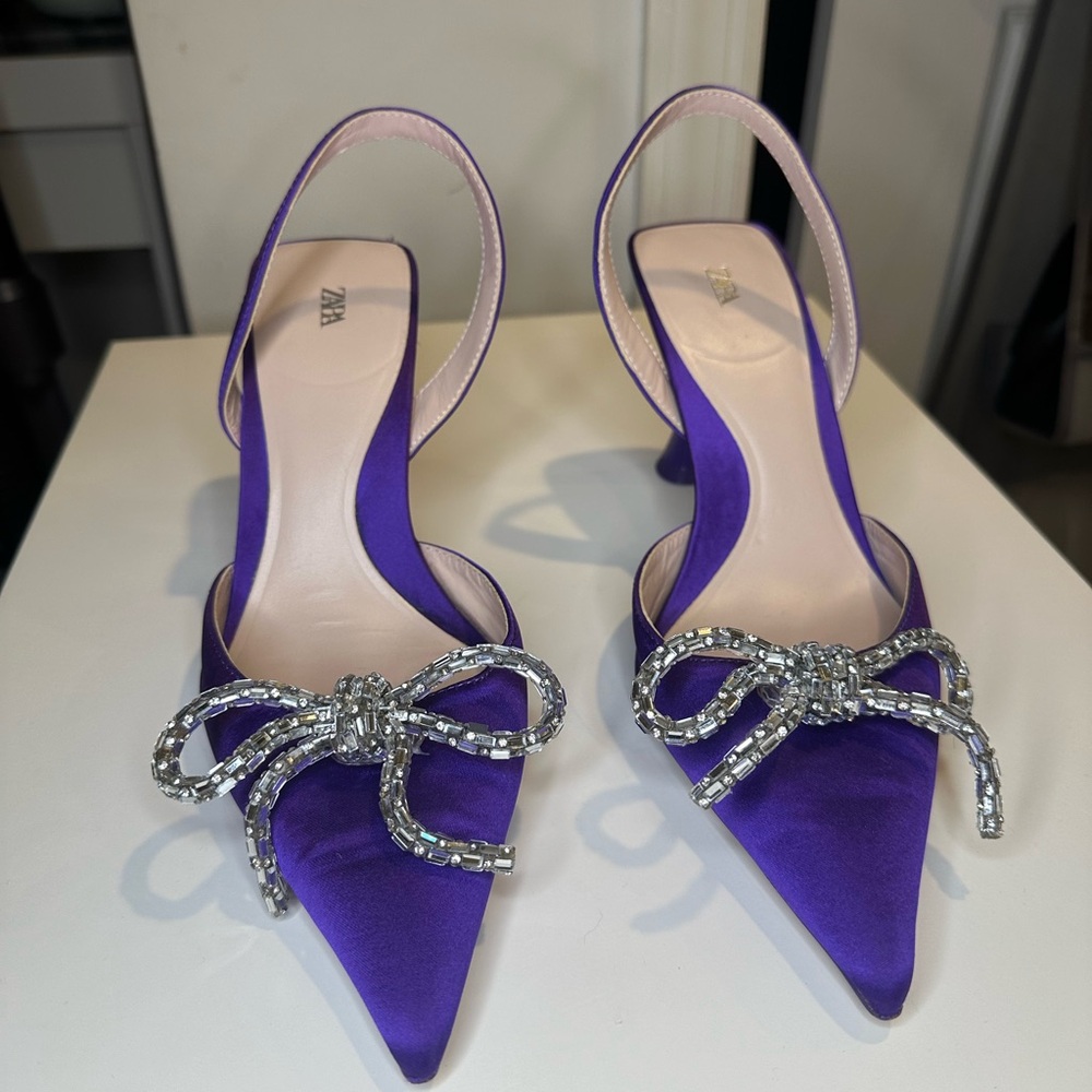 Zara Women's Purple Slingback Heels with Bow Detail